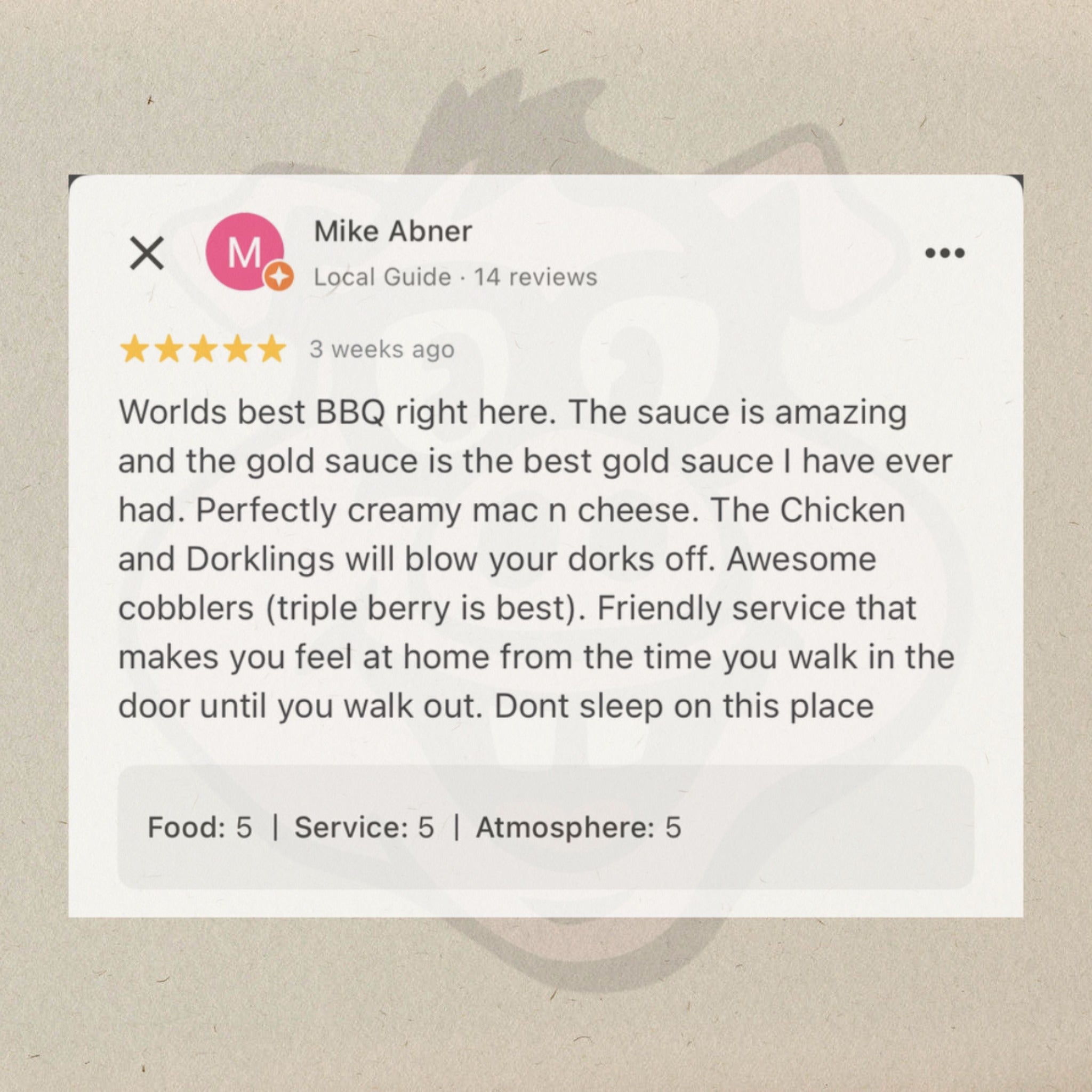 Shoutout to Barbara Bonneville Quincy for this beautiful review! We appreciate you, king. This is the guy with the socks, by the way. That’s how you know his passion is legit. Thanks Mike! Always a pleasure to see you and your crew roll in. #DorkysBBQ #DorkLife